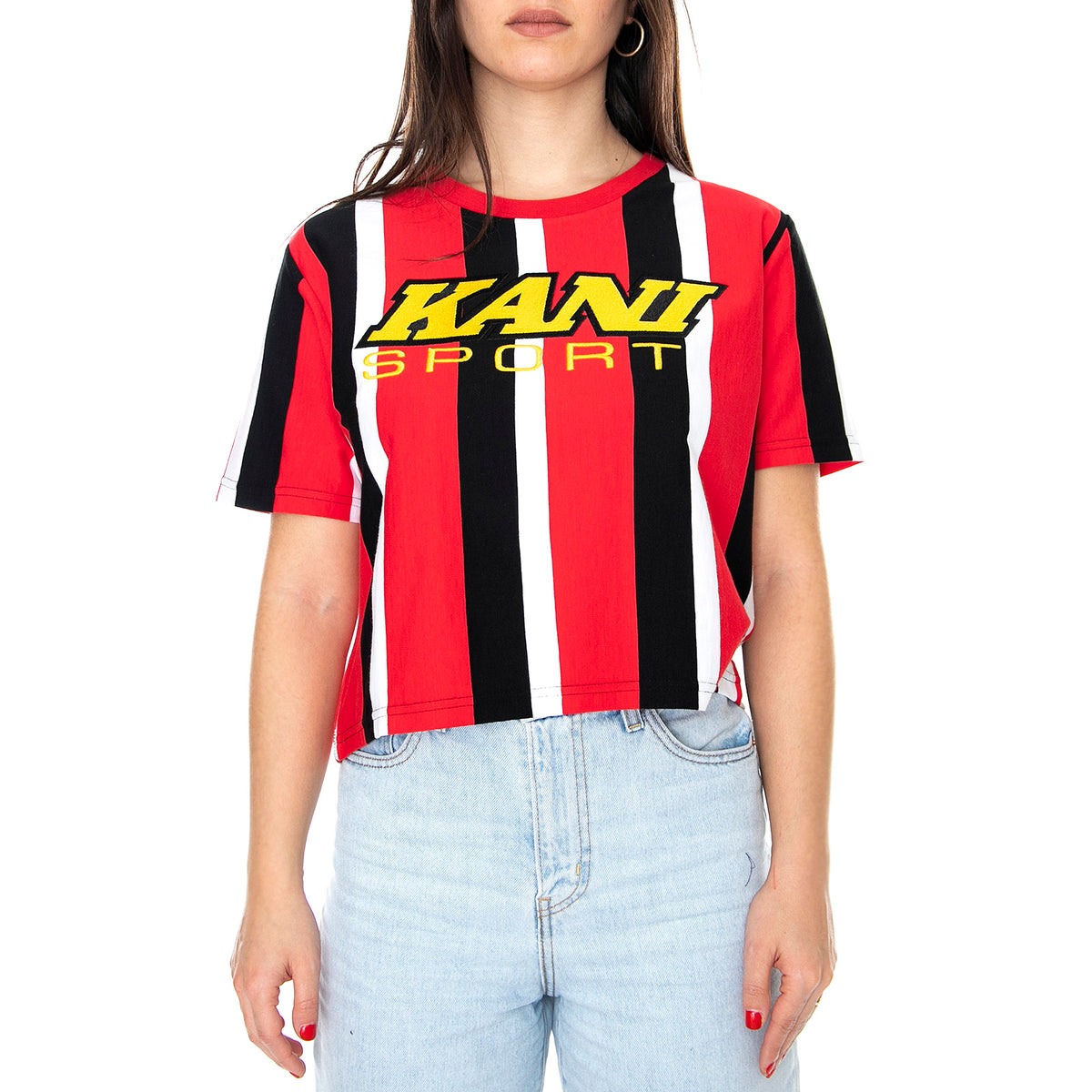 Wm Sporty Striped Crew-Neck T-Shirt - Red / Multi - Maglietta Girocollo Donna Multicolore KRCKKWQ22041RED . KARL KANI 