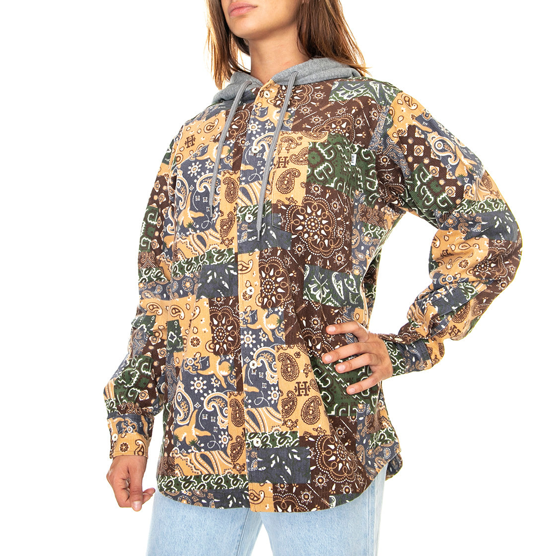 Patchwork Cord Hooded Jacket Brown - Giacca Invernale con Cappuccio Donna Multicolore WJK0028-BROWN . HUF 