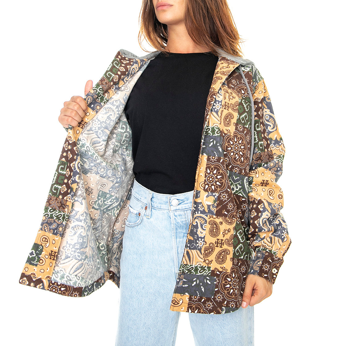 Patchwork Cord Hooded Jacket Brown - Giacca Invernale con Cappuccio Donna Multicolore WJK0028-BROWN . HUF 