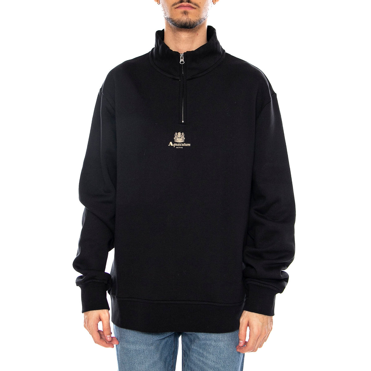 Centered Logo 1/4 Zip Fleece - Felpa Uomo Mezzo Collo Nera AA_A005_SW001 . AQUASCUTUM 