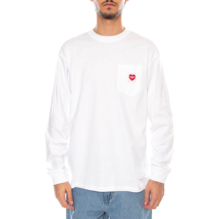 L/S Pocket Heart T-Shirt White / Red - Maglietta Girocollo Maniche Lunghe Uomo Bianca I035300.1WZXX . CARHARTT WIP 