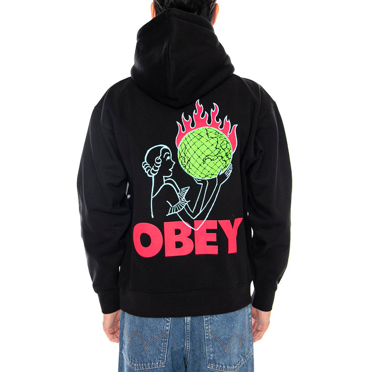 OBEY World In Flames Fleece Black - Felpa con Cappuccio Uomo Nera 112844236 BLK OBEY 
