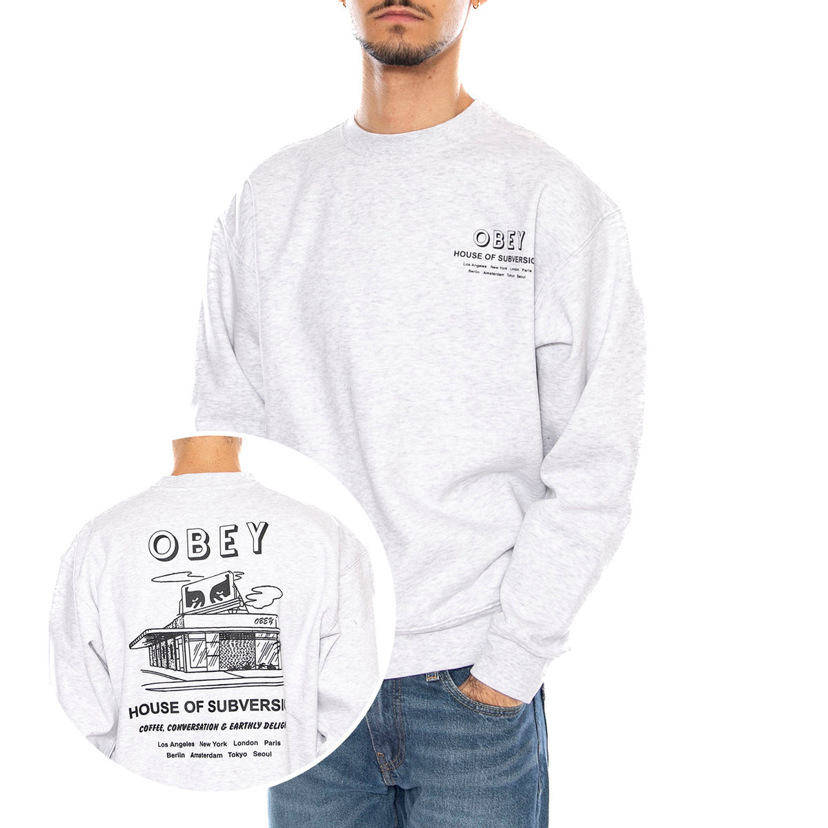 OBEY House of Subversion Fleece Heather Grey -- Felpa Girocollo Uomo Grigia 112864195 HEA OBEY 