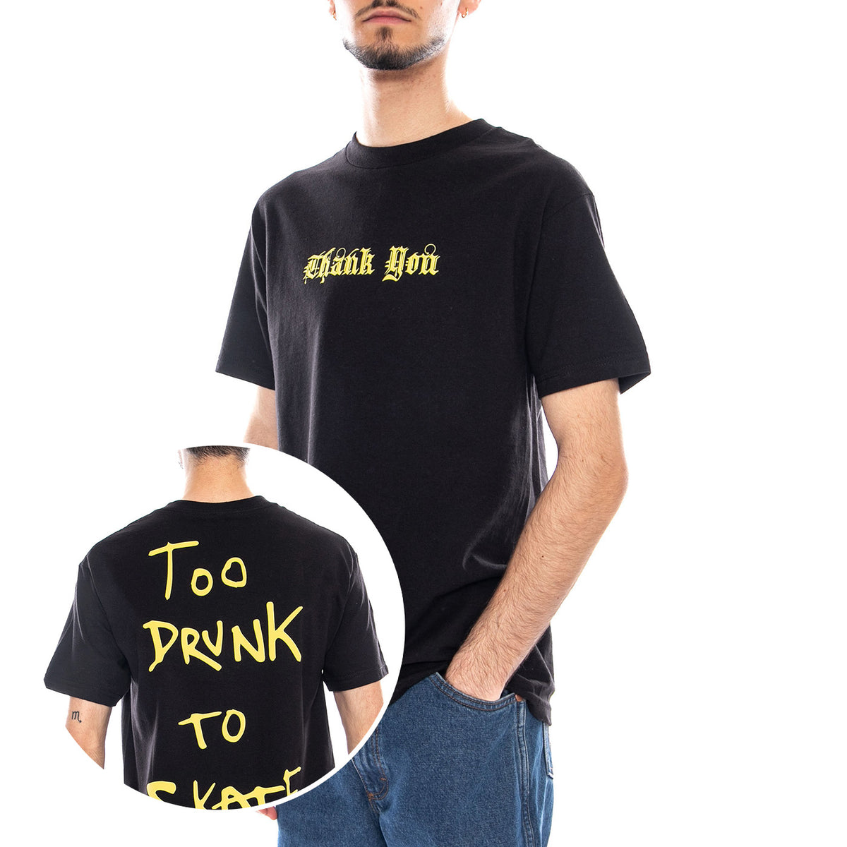 Too Drunk Too Skate Tee Black / Yellow - Maglietta Girocollo Uomo Nera TYASS014-37BLK_YLW . THANK YOU 