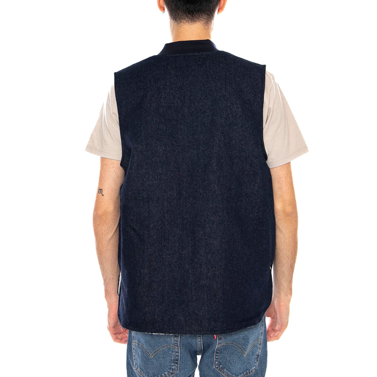 Builders Abraham Rev Vest -- Gilet Uomo Reversibile Rinse Denim Sherpa 03412 RNDNS BRIXTON 
