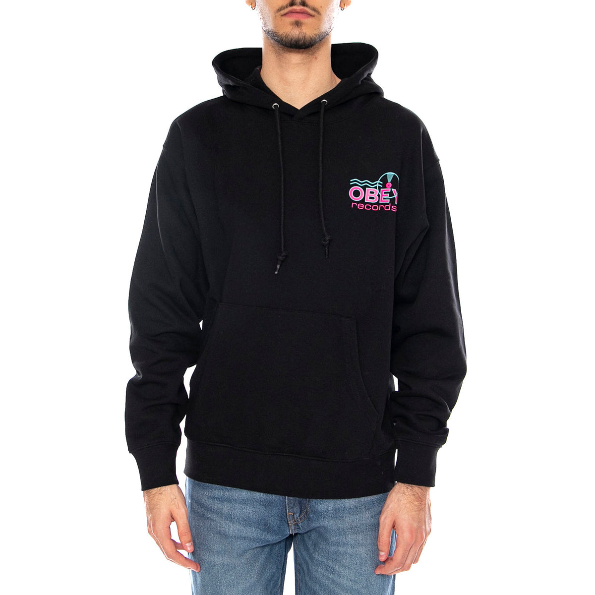 Obey Records Sound Waves Fleece Black -- Felpa con Cappuccio Uomo Nera 117464050 BLK OBEY 