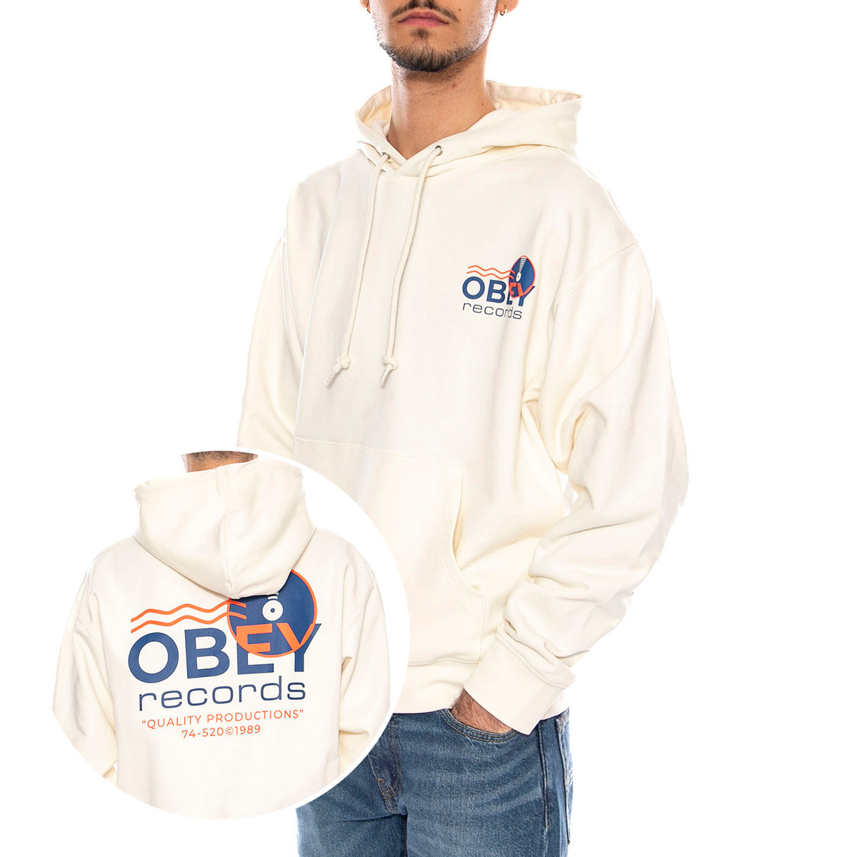Obey Records Sound Waves Fleece Unbleached -- Felpa con Cappuccio Uomo Beige Naturale 117464050 UBL OBEY 