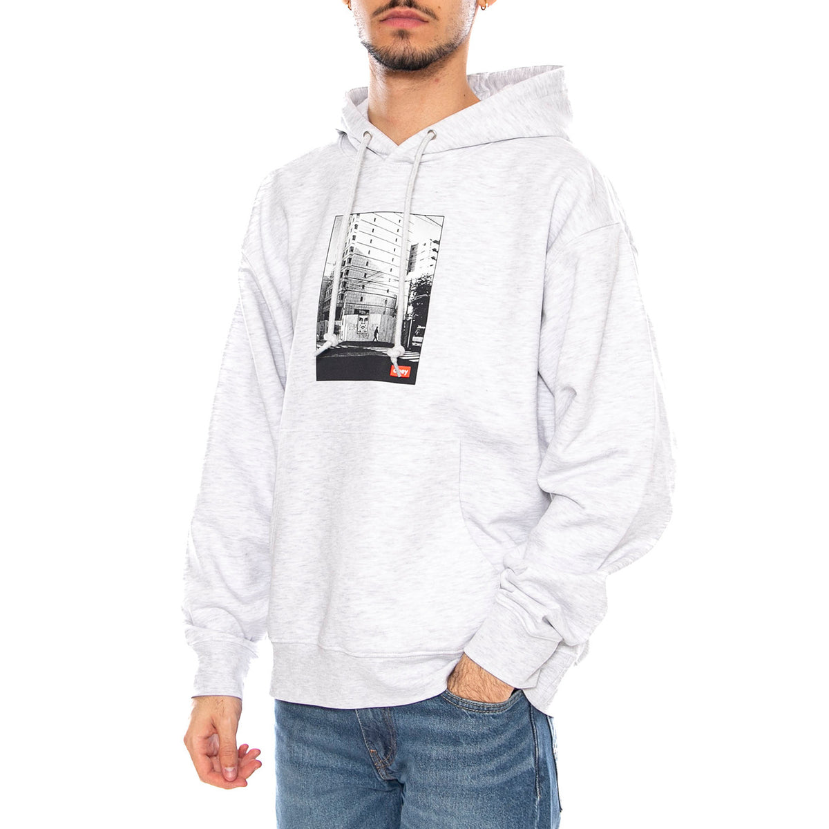 Obey Osaka Photo Fleece Ash Grey -- Felpa con Cappuccio Uomo Grigio Chiaro 117464114 AGRY OBEY 