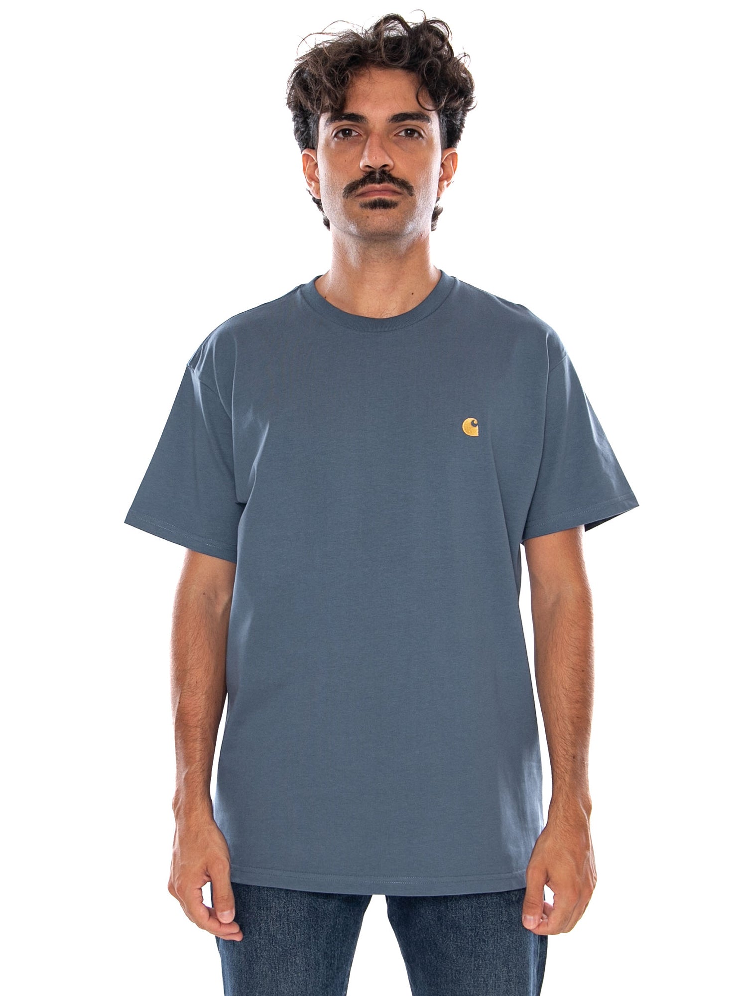CARHARTT WIP S/S CHASE T-SHIRT ICESHEET / GOLD - Maglietta Girocollo Uomo Azzurra I026391 3XFXX CARHARTT WIP 