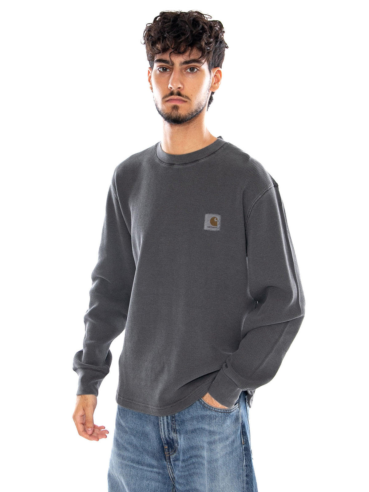 L/S VISTA WAFFLE T-SHIRT BLACK GARMENT DYED - Maglietta Girocollo Uomo Nera I035304 89GD CARHARTT WIP 
