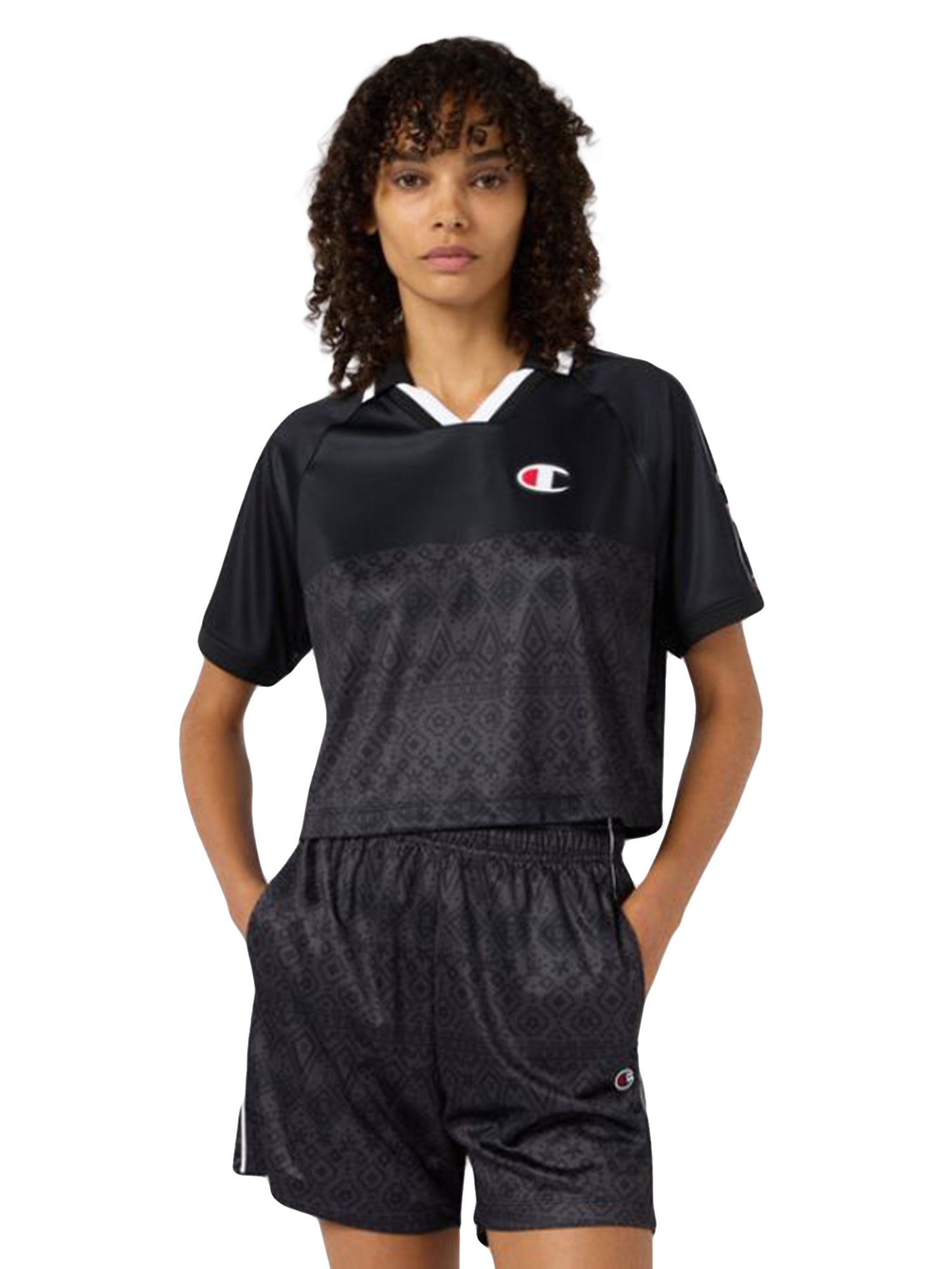 BICOLOUR V-NECK T-SHIRT BLACK - Maglietta Collo a V Donna Nera 118371 KL001 CHAMPION 