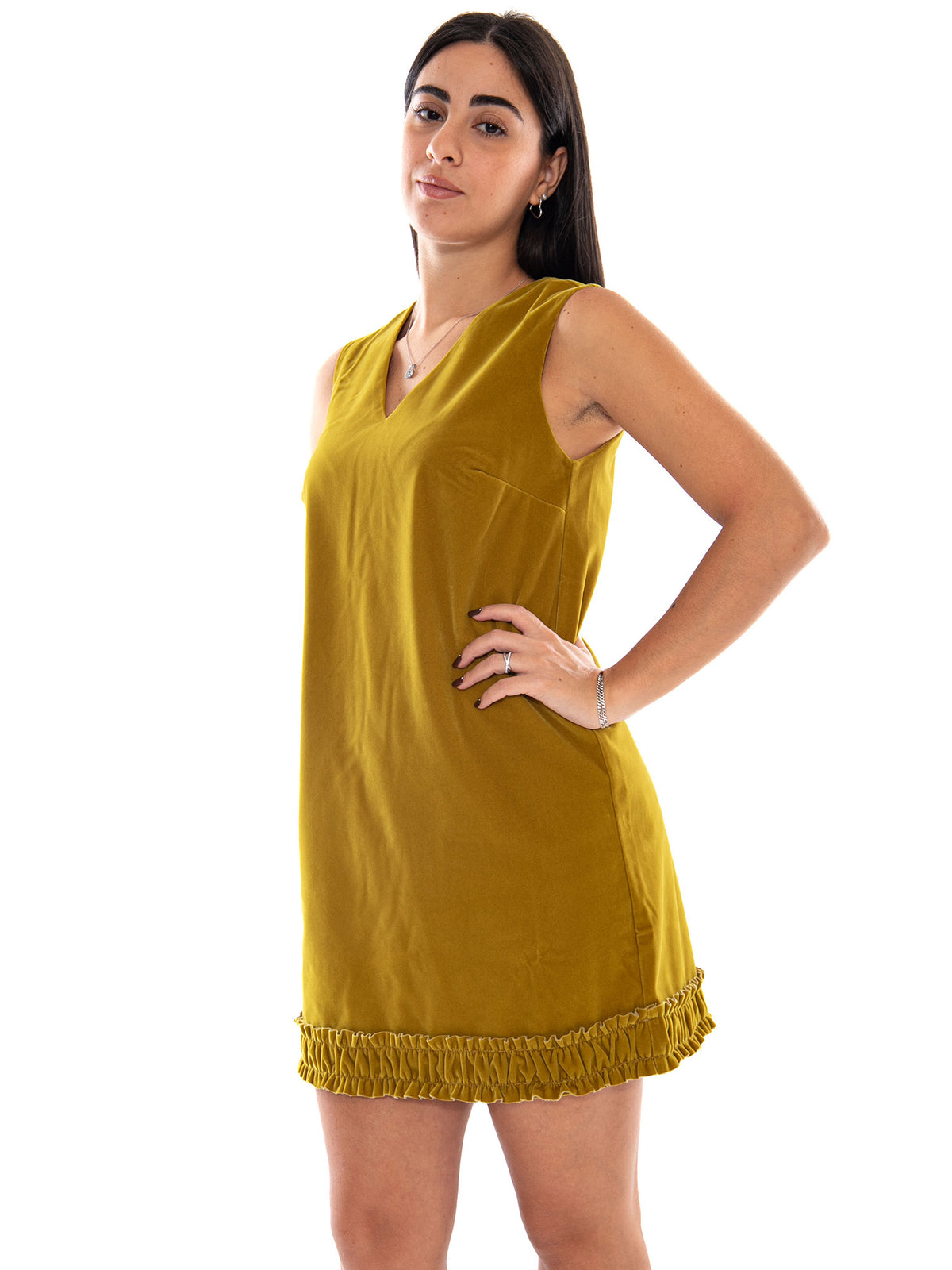 Compania Fantastica Vestido Corto Terciopelo Ocre con Volante Elástico Yellow - Abito Corto Donna Giallo Ocra in Velluto<BR/><BR/> 64C/11137 YLW COMPANIA FANTASTICA 