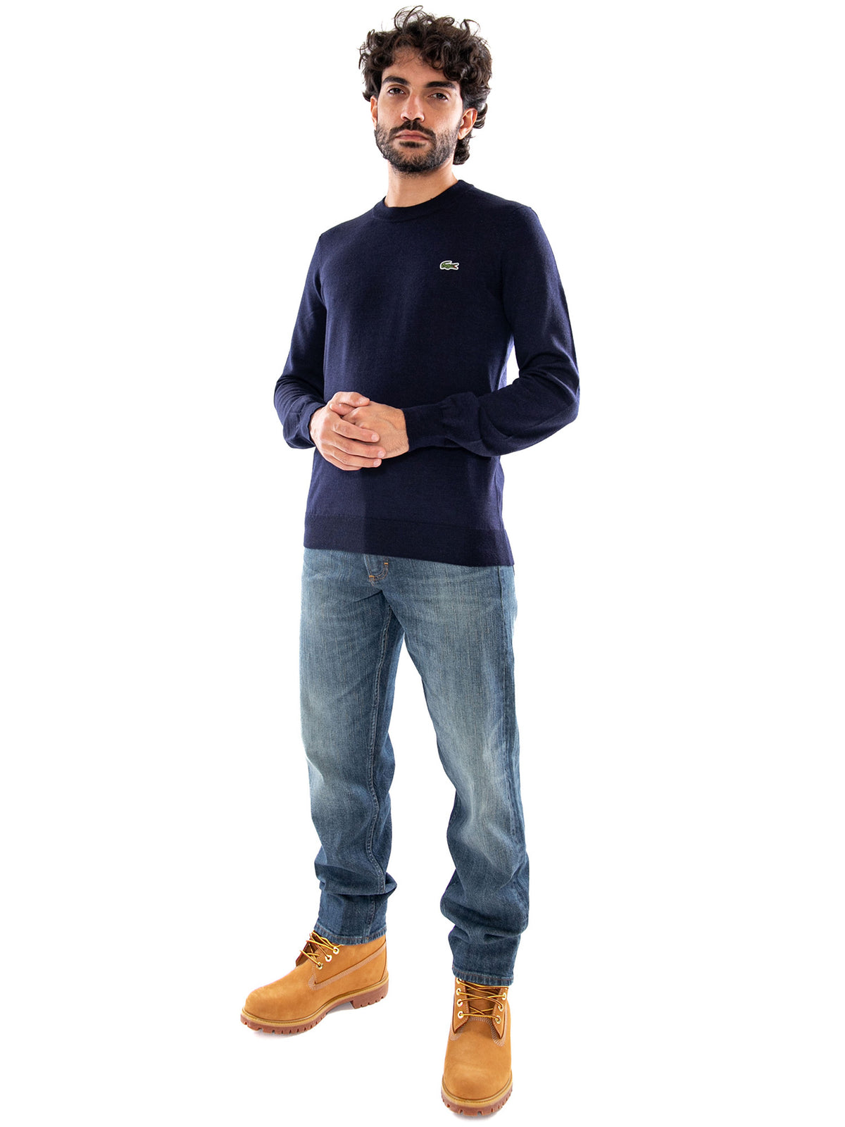 Pullover Girocollo Blue - Maglione Uomo Blu a Maglia Rasata AH3225 166 LACOSTE 