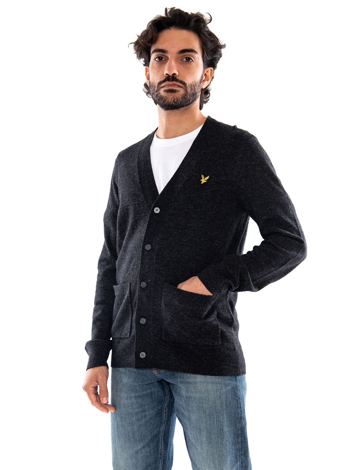 Lyle & Scott Lambswool Blend V Neck Cardigan Jet Black Marl - Cardigan Uomo con Scollo a V Nero Mélange<BR/><BR/> KN2546V W155 LYLE & SCOTT 