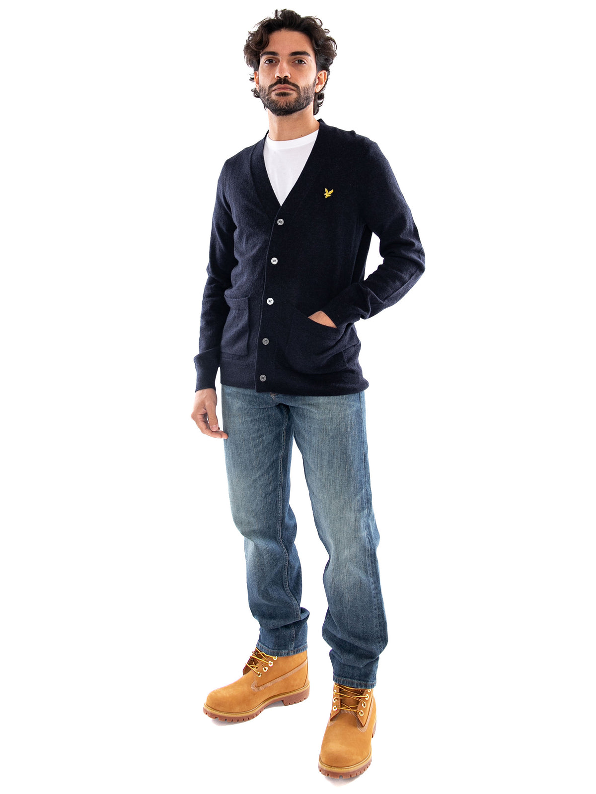 Lyle & Scott Lambswool Blend V Neck Cardigan Dark Navy Marl - Cardigan Uomo con Scollo a V Blu Navy Mélange<BR/><BR/> KN2546V Z56 LYLE & SCOTT 