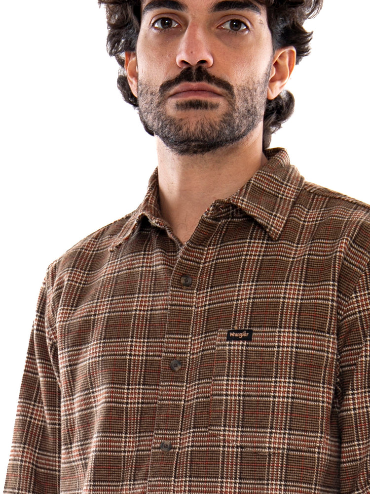 Wrangler 1 Pocket Shirt Kangaroo Brown - Camicia Uomo Marrone<BR/><BR/> 112386948 BRN WRANGLER 
