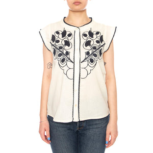 BLOUSE ECRU - Camicia Smanicata Donna Ecrù con Ricami a Contrasto 4.61.689.30 101 MD'M 