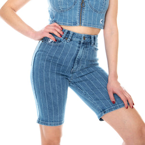 KK Og Pinstripe Denim Shorts - Blue / White - Pantaloncini Denim Jeans Donna Blu KRCKKWQ12008 . KARL KANI 