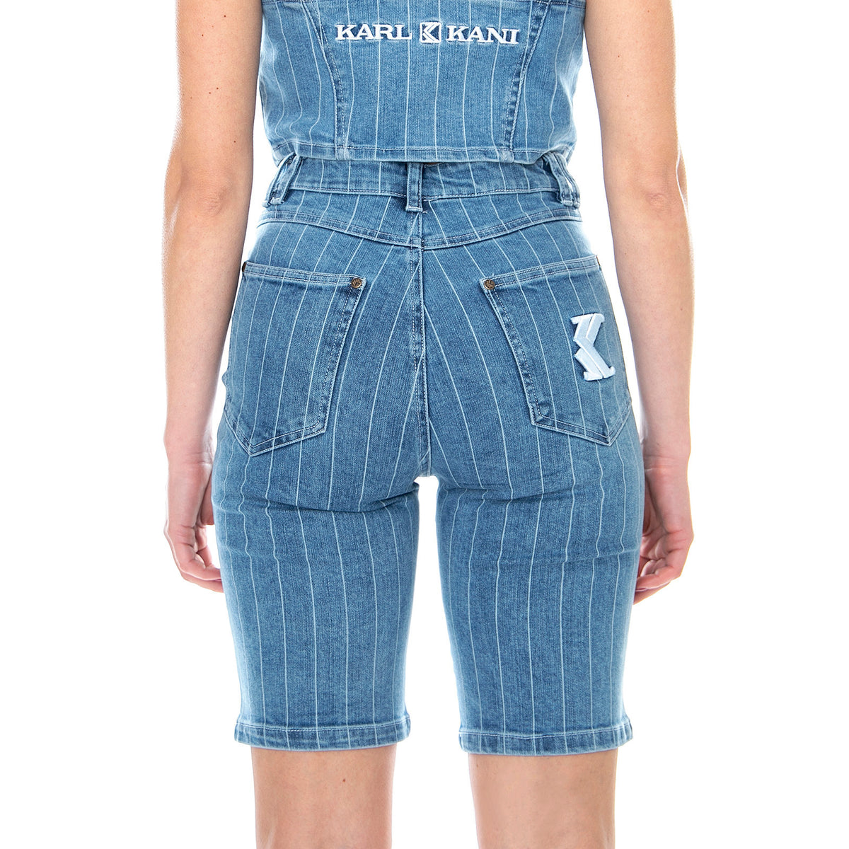 KK Og Pinstripe Denim Shorts - Blue / White - Pantaloncini Denim Jeans Donna Blu KRCKKWQ12008 . KARL KANI 