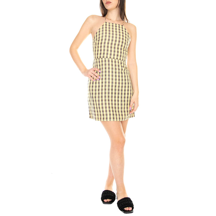 Vestido Corto Halter con Estampado de Cuadros Vichy Amarillo - Abito Donna Arancione / Multicolore 31W/11227 . WILD PONY 