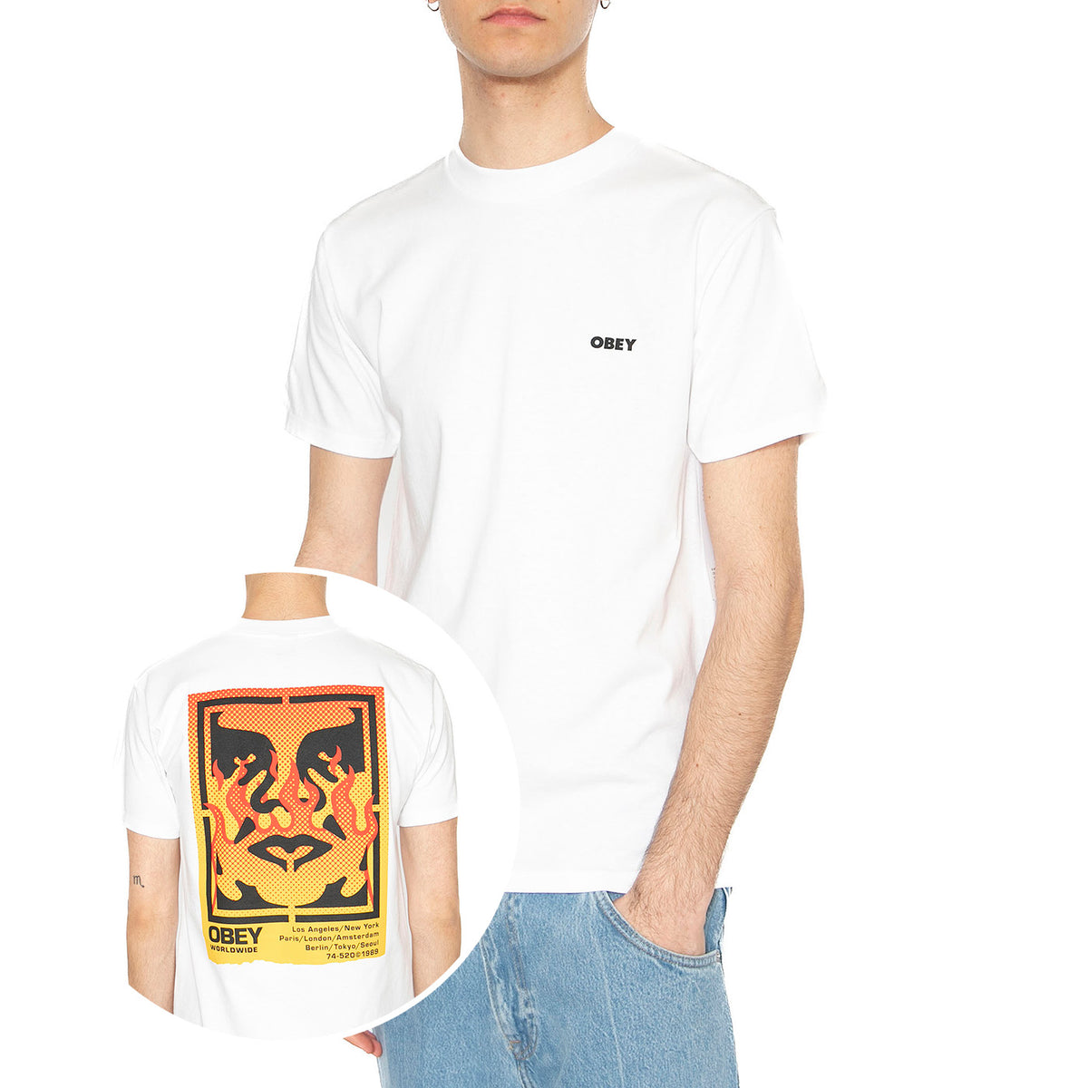 Obey Icon Stencile Flame Tee White - Maglietta Girocollo Uomo Bianca 165264048-WHT . OBEY 