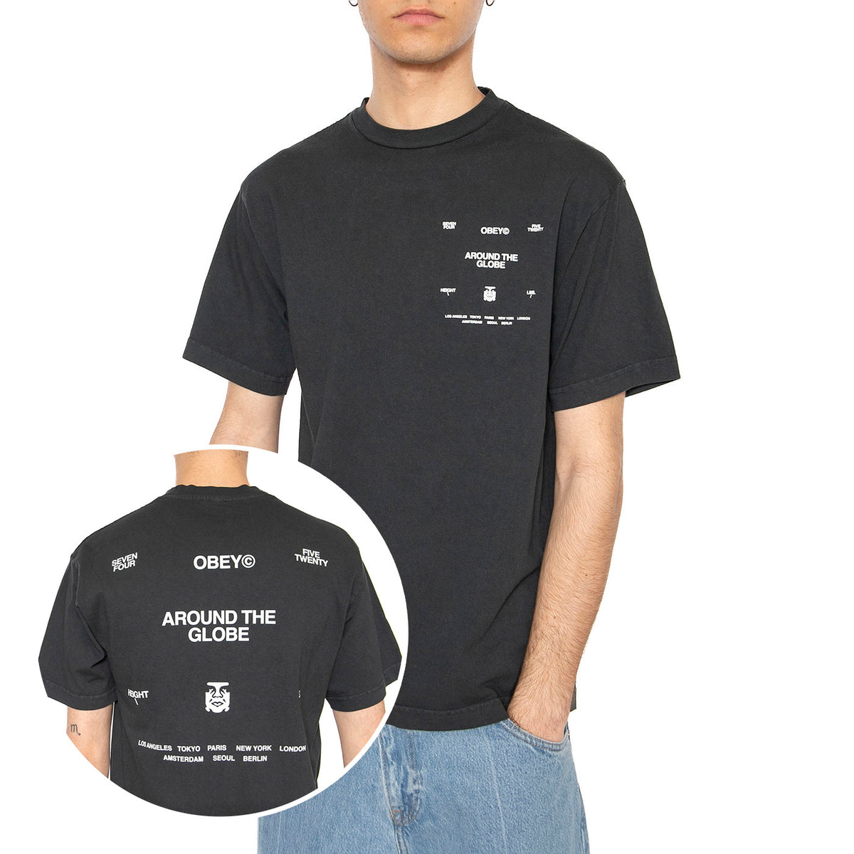 Obey Around The Globe Tee Pigment True Vintage Black - Maglietta Girocollo Uomo Nera 167924096-PTB . OBEY 