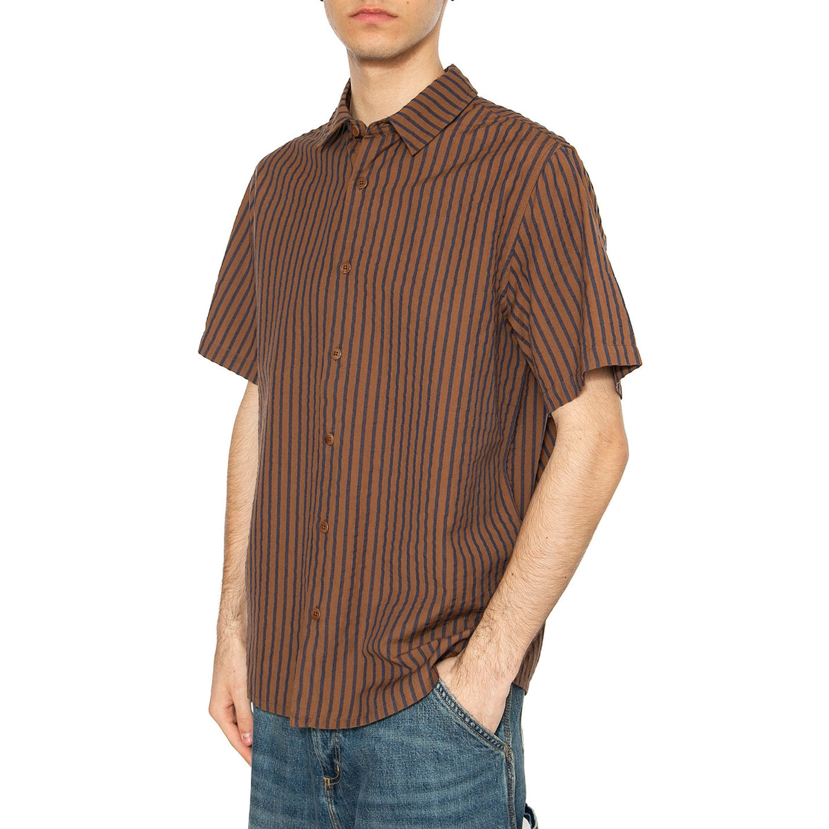Brown Stripes Tom Shirt Brown - Camicia Maniche Corte Uomo Multicolore MSH00198-BROWN . THINKING MU 