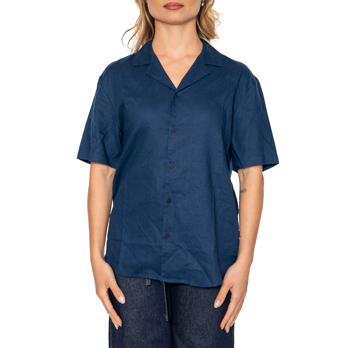 Blue Night Hemp Jules Shirt Blue - Camicia Maniche Corte Donna Blu MSH00209-BLUE . THINKING MU 