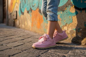 Close-up scarpe UGG contro muro colorato napoletano