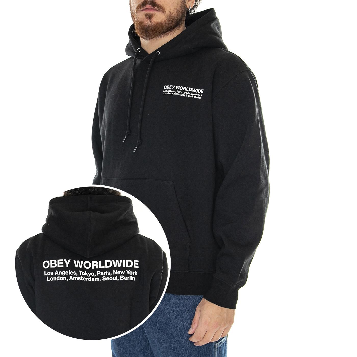 Obery Worldwide Cities Premium Hooded Fleece Black - Felpa con Cappuccio Uomo Nera 112843572-BLK  OBEY 