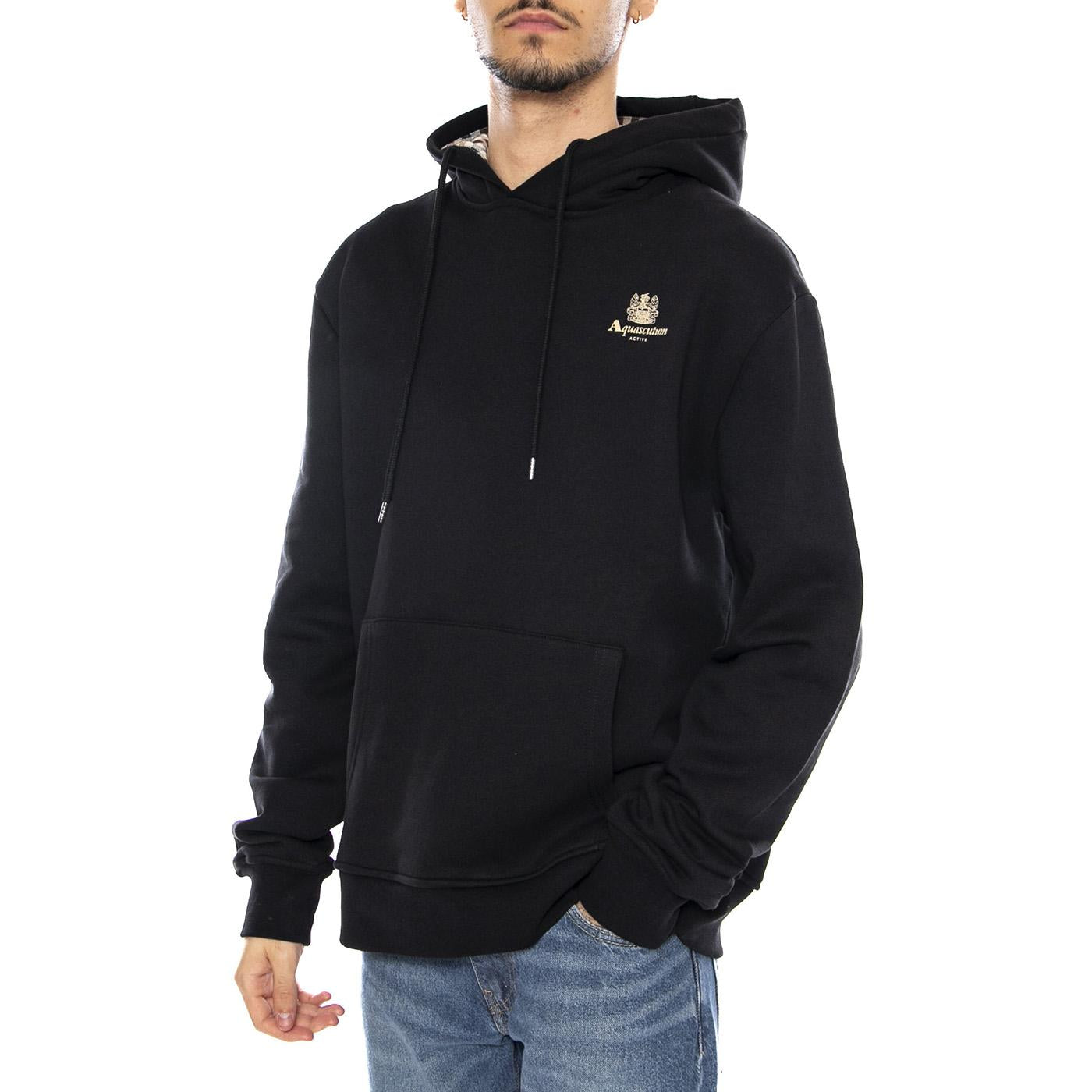 Small Logo Hoodie Fleece -- Felpa con Cappuccio Uomo Nera AW_ICON_SW002_16 . AQUASCUTUM 