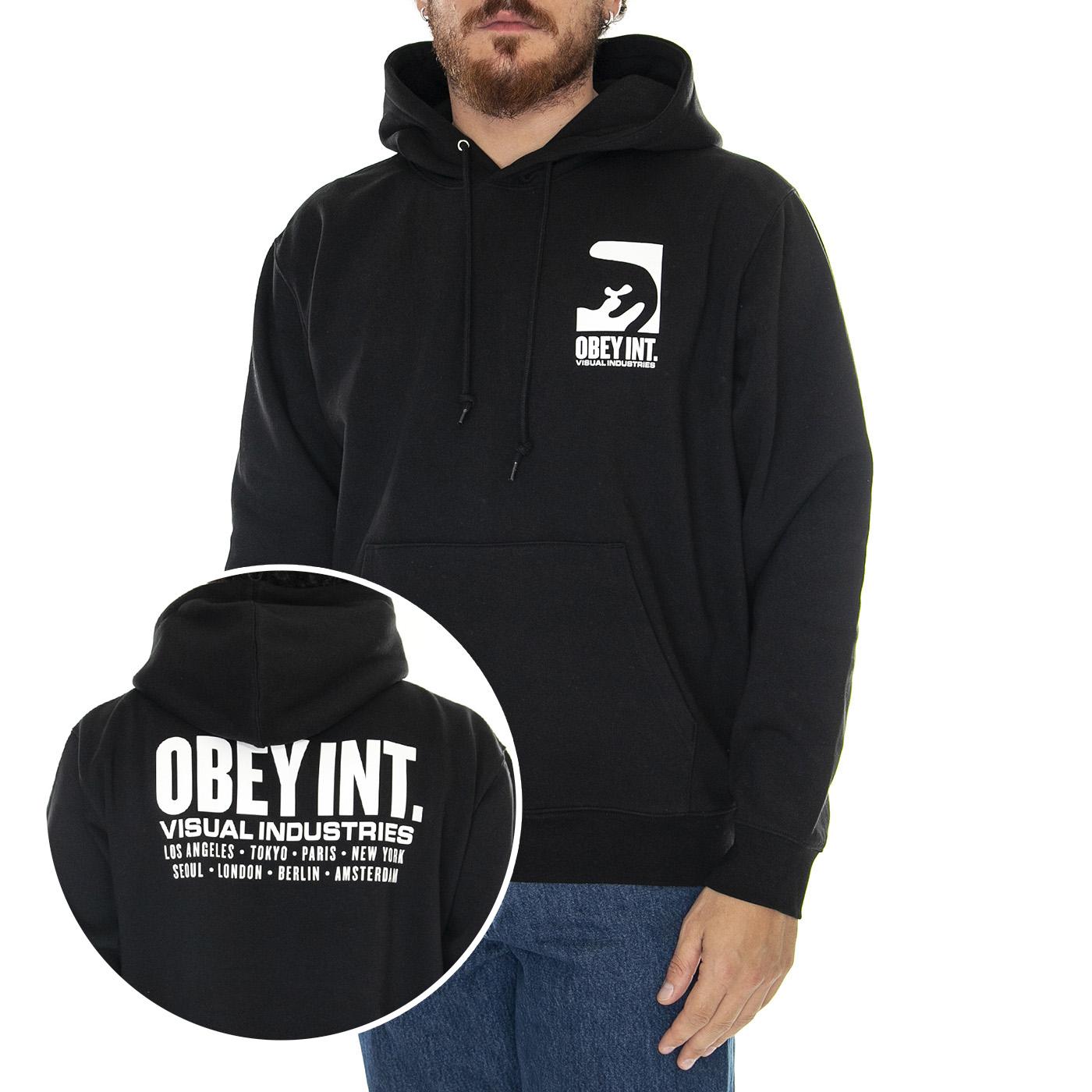 Obey Int. Visual Industries Premium Hooded Fleece Black - Felpa con Cappuccio Uomo Nera 112843553-BLK  OBEY 