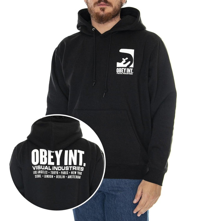 Obey Int. Visual Industries Premium Hooded Fleece Black - Felpa con Cappuccio Uomo Nera 112843553-BLK  OBEY 