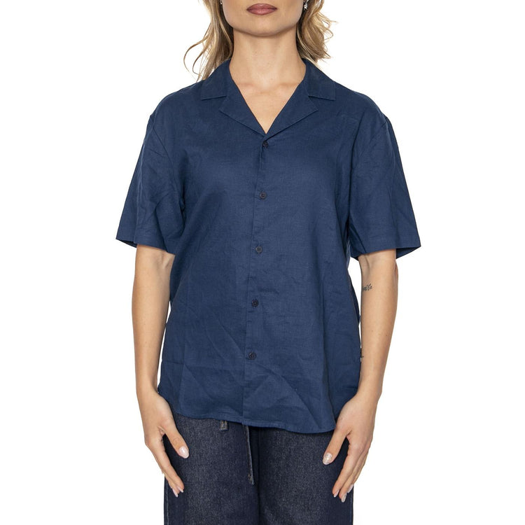 Blue Night Hemp Jules Shirt Blue - Camicia Maniche Corte Donna Blu MSH00209-BLUE . THINKING MU 