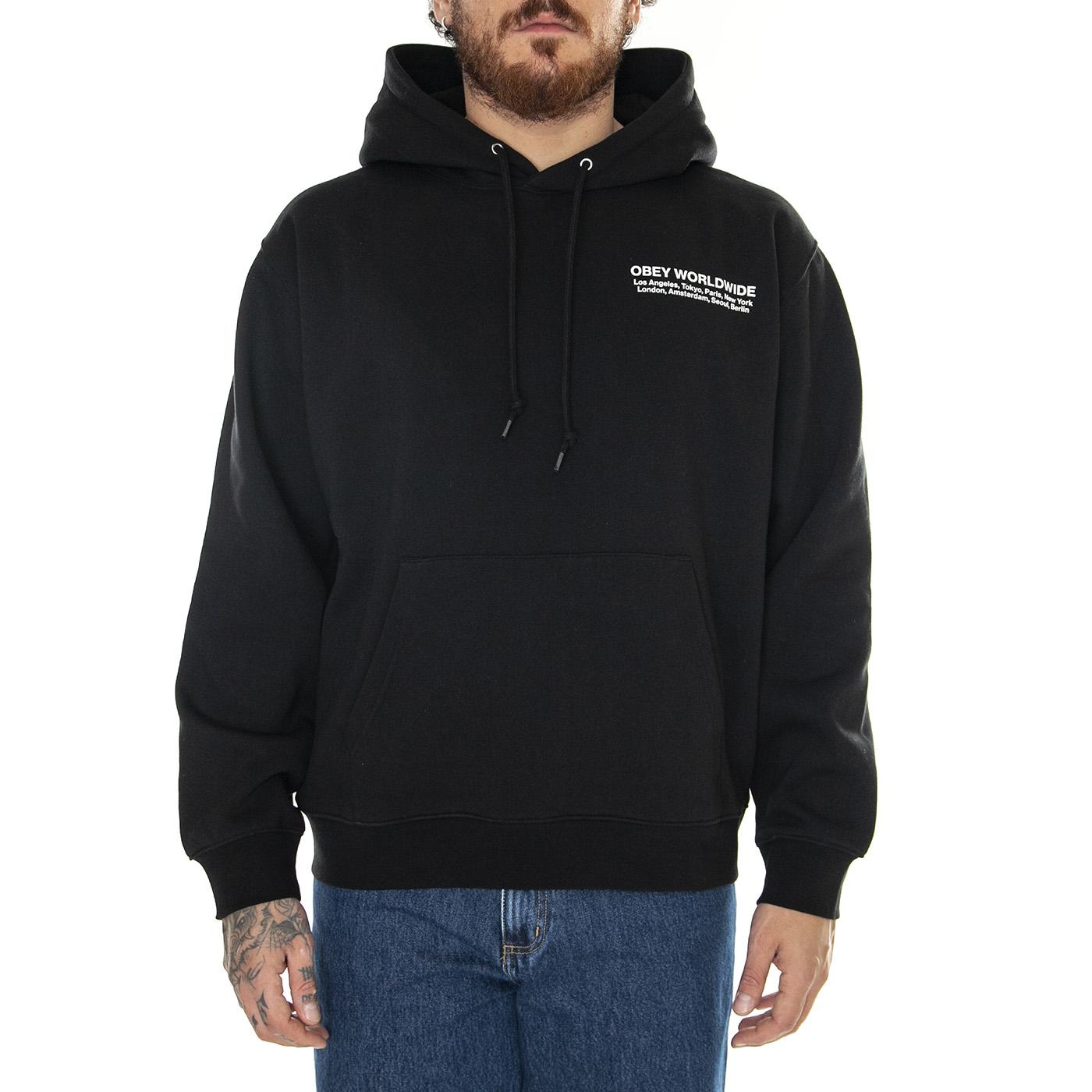 Obery Worldwide Cities Premium Hooded Fleece Black - Felpa con Cappuccio Uomo Nera 112843572-BLK  OBEY 