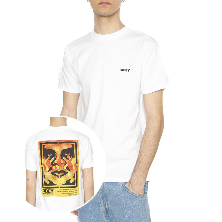 Obey Icon Stencile Flame Tee White - Maglietta Girocollo Uomo Bianca 165264048-WHT  OBEY 