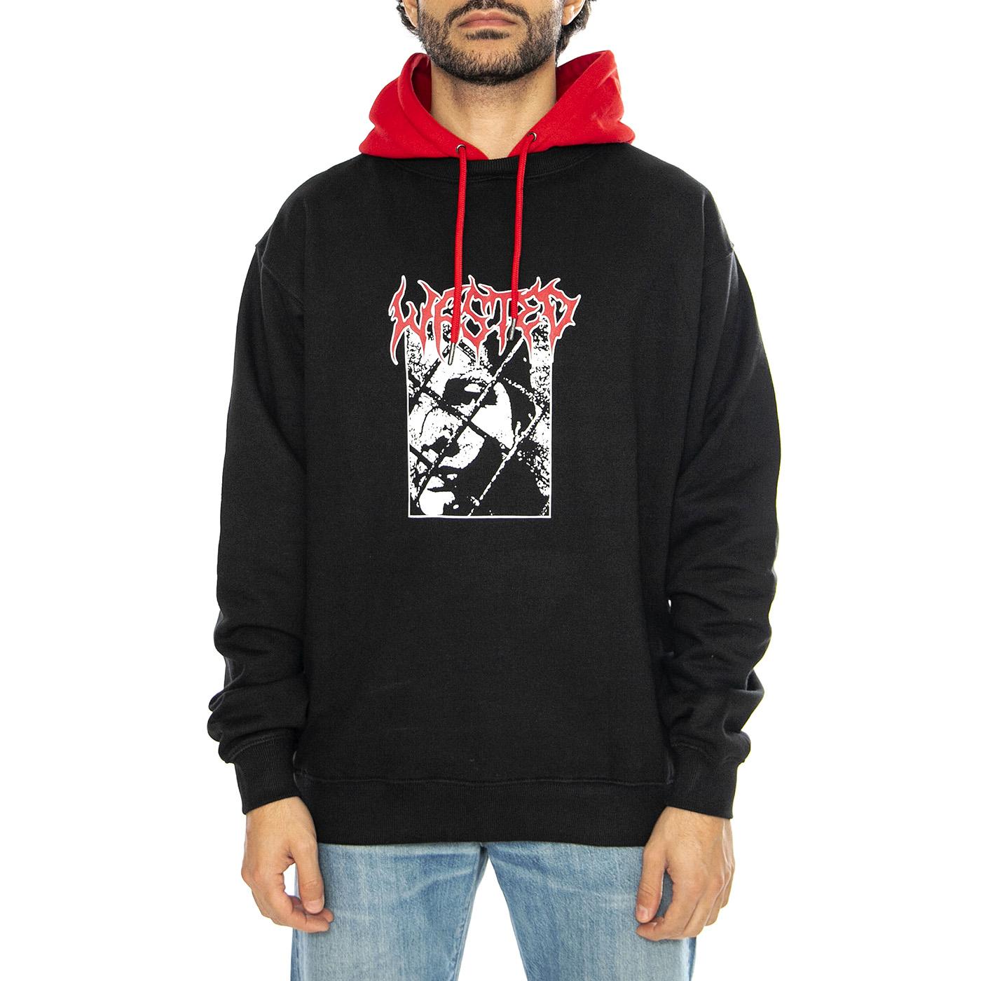 Hoodie Telly Wire Black / Fire Red - Felpa con Cappuccio a Contrasto Uomo Nera HOODIE TELLY WIRE - BLACK/FIRE RED  WASTED PARIS 
